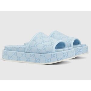 Gucci Light Blue GG Monogram Logo Canvas Mule Flat Slide Platform Sandal 39.5
